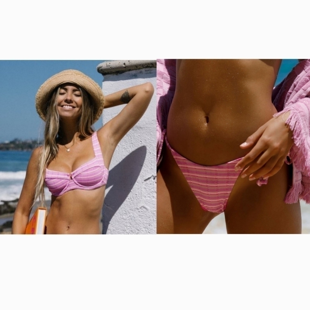 New L*Space Camellia/Lennox Electric Pique Stripe Swim Bikini 2 Pc Set NWT Large